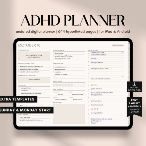 ADHD Digital Diary, Undated ADHD Diary, iPad and Android Digital Diary, GoodNotes Calendar, 2024 ADHD Monthly Weekly Journal for Adults