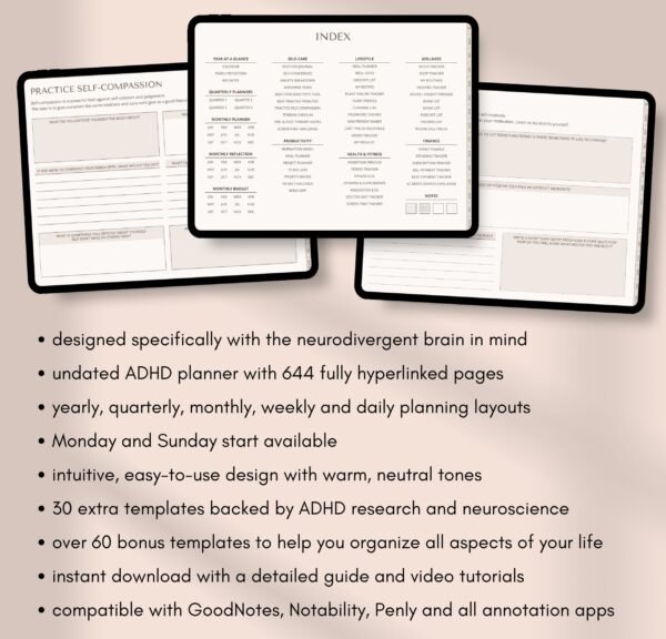 ADHD Digital Diary, Undated ADHD Diary, iPad and Android Digital Diary, GoodNotes Calendar, 2024 ADHD Monthly Weekly Journal for Adults