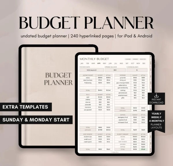 Digital Financial Budget Planner, Finance Tracker, GoodNotes Budget Planner, Undated Finance Planner, Monthly Budget, iPad Finance Template