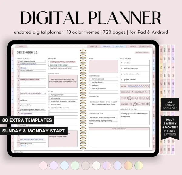 All-in-One Digital Planner Undated, iPad & Android Planner, Digital Calendar, GoodNotes Template, Daily Weekly Monthly Journal for 2025 2026